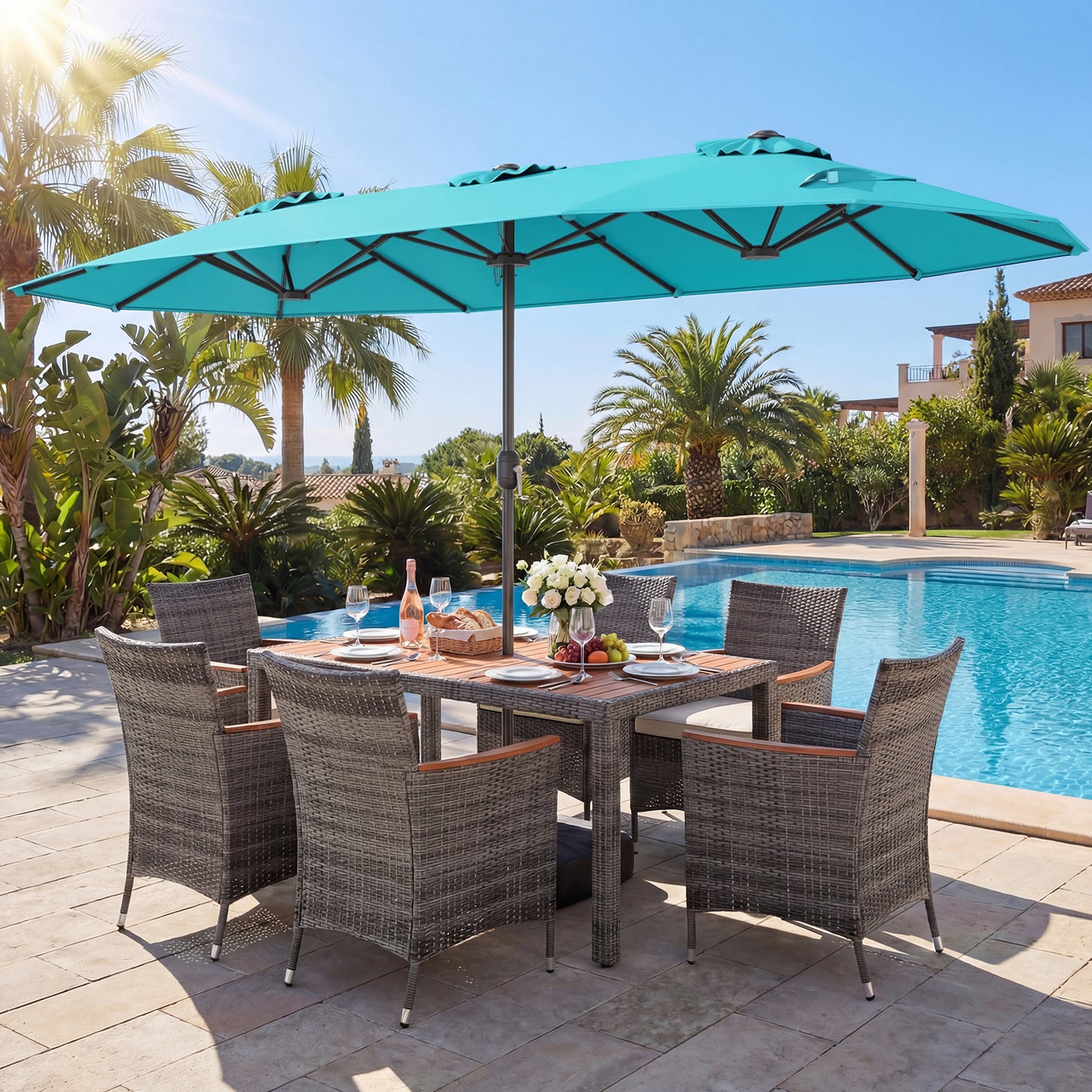 8-Piece Patio Dining Set, Double-Sided Market Umbrella, Turquoise Patio Dining Sets at Gallery Canada