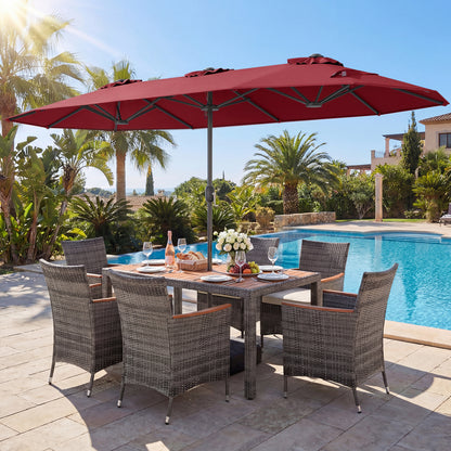 8-Piece Patio Dining Set, Double-Sided Market Umbrella, Red