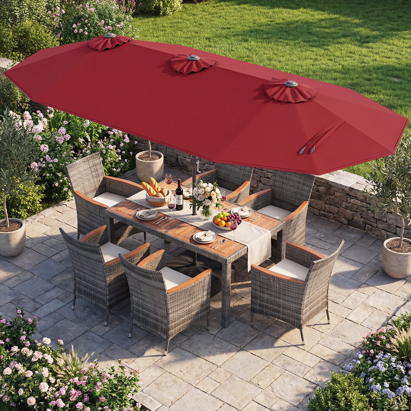 8-Piece Patio Dining Set, Double-Sided Market Umbrella, Red