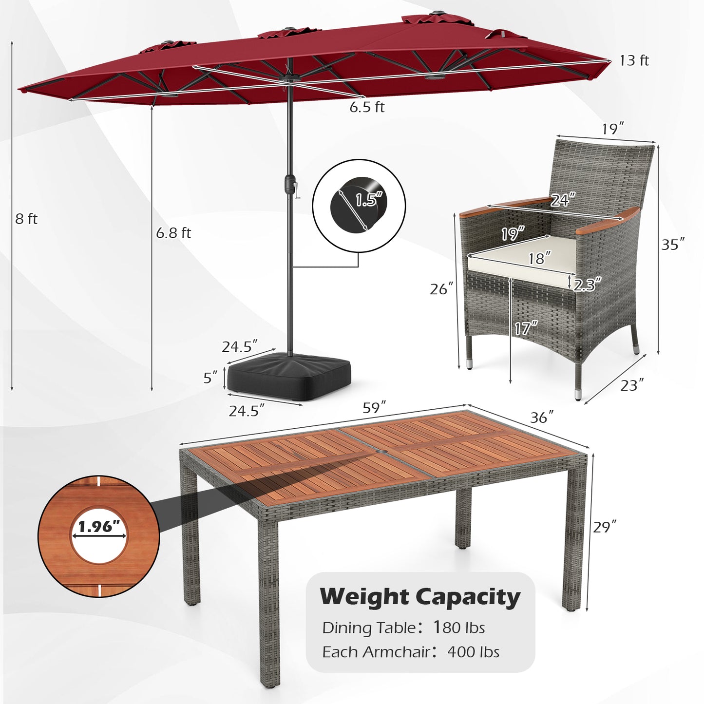 8-Piece Patio Dining Set, Double-Sided Market Umbrella, Red