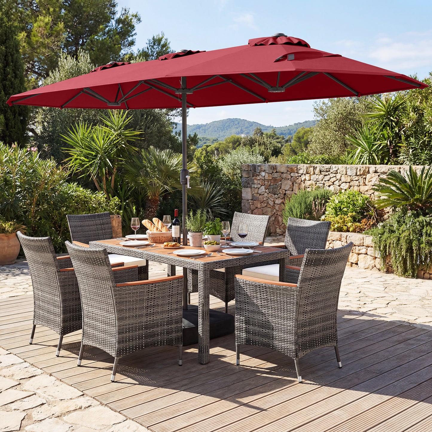 8-Piece Patio Dining Set, Double-Sided Market Umbrella, Red