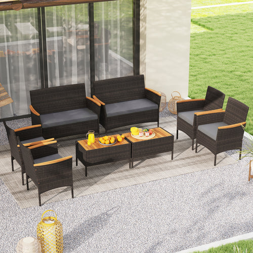 8 Piece Patio Wicker Sofa Set, 4 Rattan Chairs, 2 Loveseats, 2 Tables, Gray