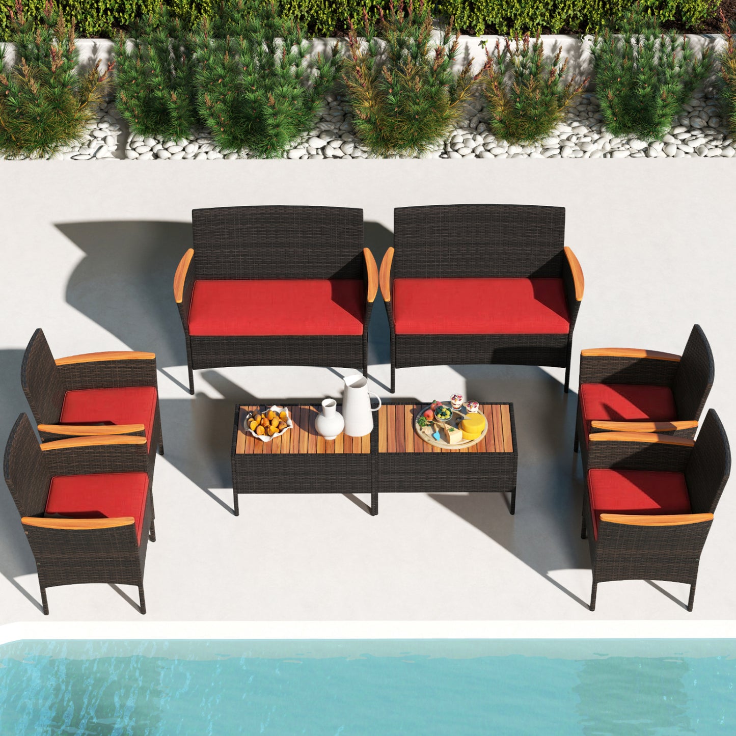 8 Piece Patio Wicker Sofa Set, 4 Rattan Chairs, 2 Loveseats, 2 Tables, Red Patio Conversation Sets at Gallery Canada