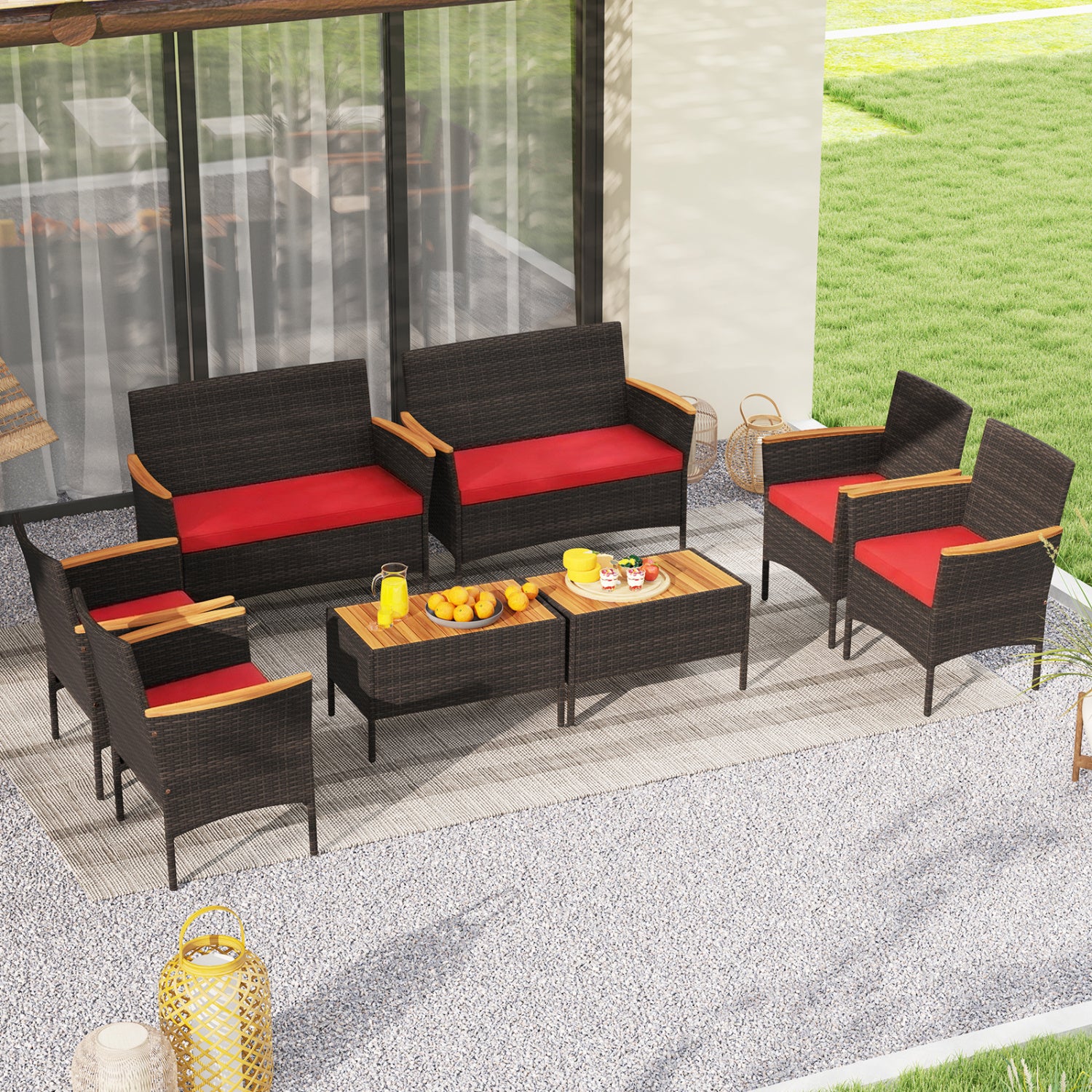 8 Piece Patio Wicker Sofa Set, 4 Rattan Chairs, 2 Loveseats, 2 Tables, Red Patio Conversation Sets at Gallery Canada