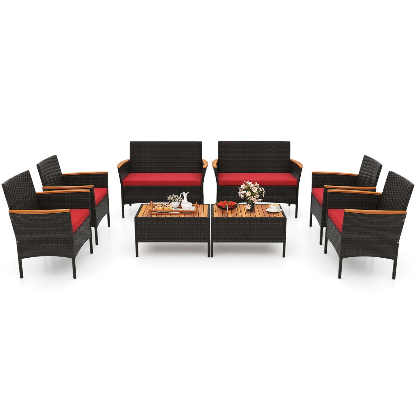 8 Piece Patio Wicker Sofa Set, 4 Rattan Chairs, 2 Loveseats, 2 Tables, Red Patio Conversation Sets at Gallery Canada