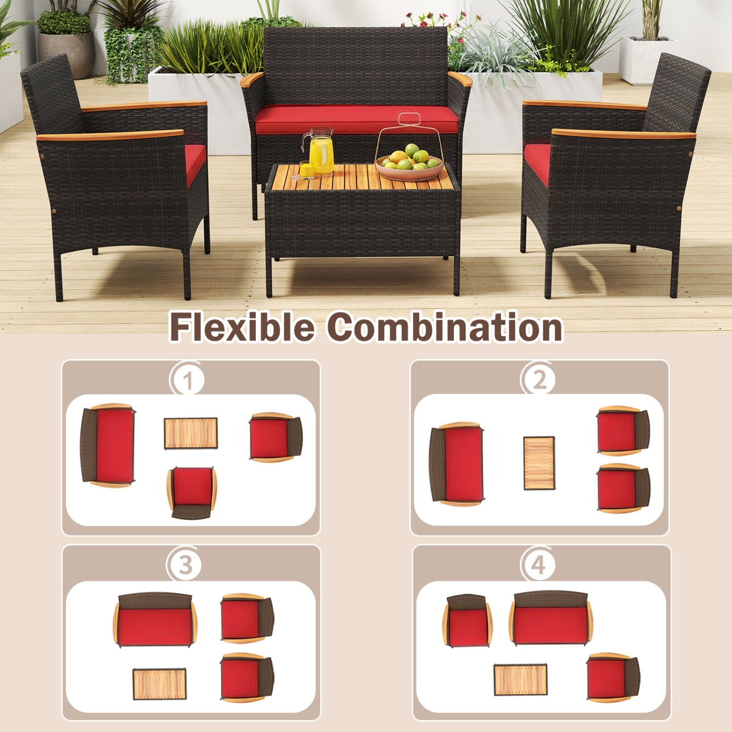 8 Piece Patio Wicker Sofa Set, 4 Rattan Chairs, 2 Loveseats, 2 Tables, Red Patio Conversation Sets at Gallery Canada