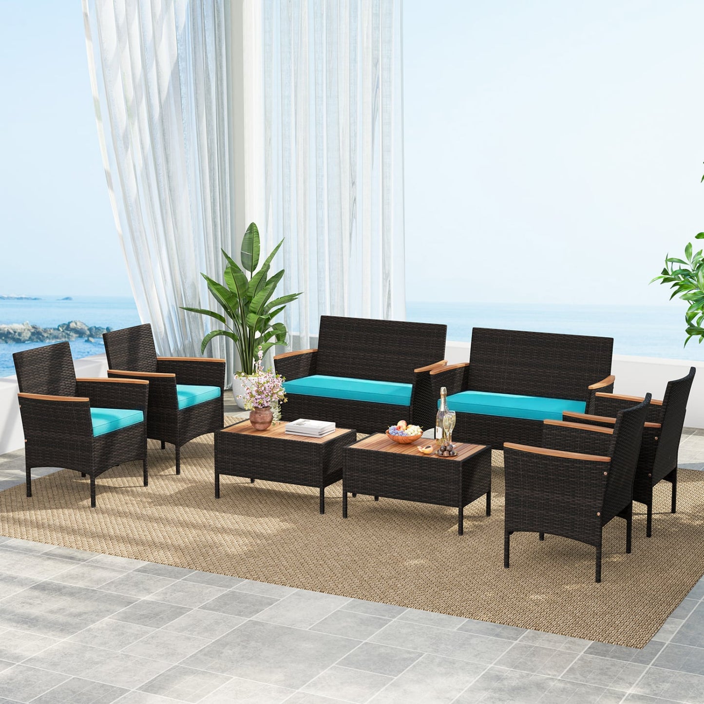 8-Pc Patio Wicker Sofa Set with Chairs, Loveseats & Table, Turquoise
