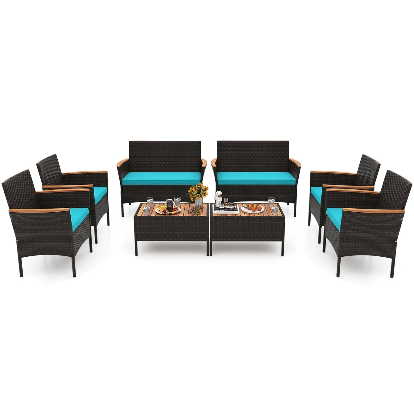 8-Pc Patio Wicker Sofa Set with Chairs, Loveseats & Table, Turquoise