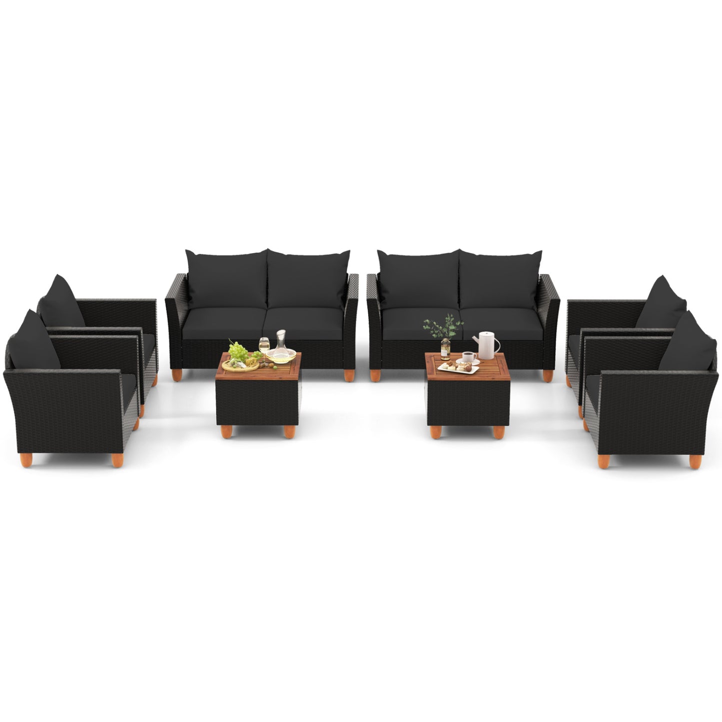 Ensemble de conversation extérieur avec table de rangement, 8 pièces, noir