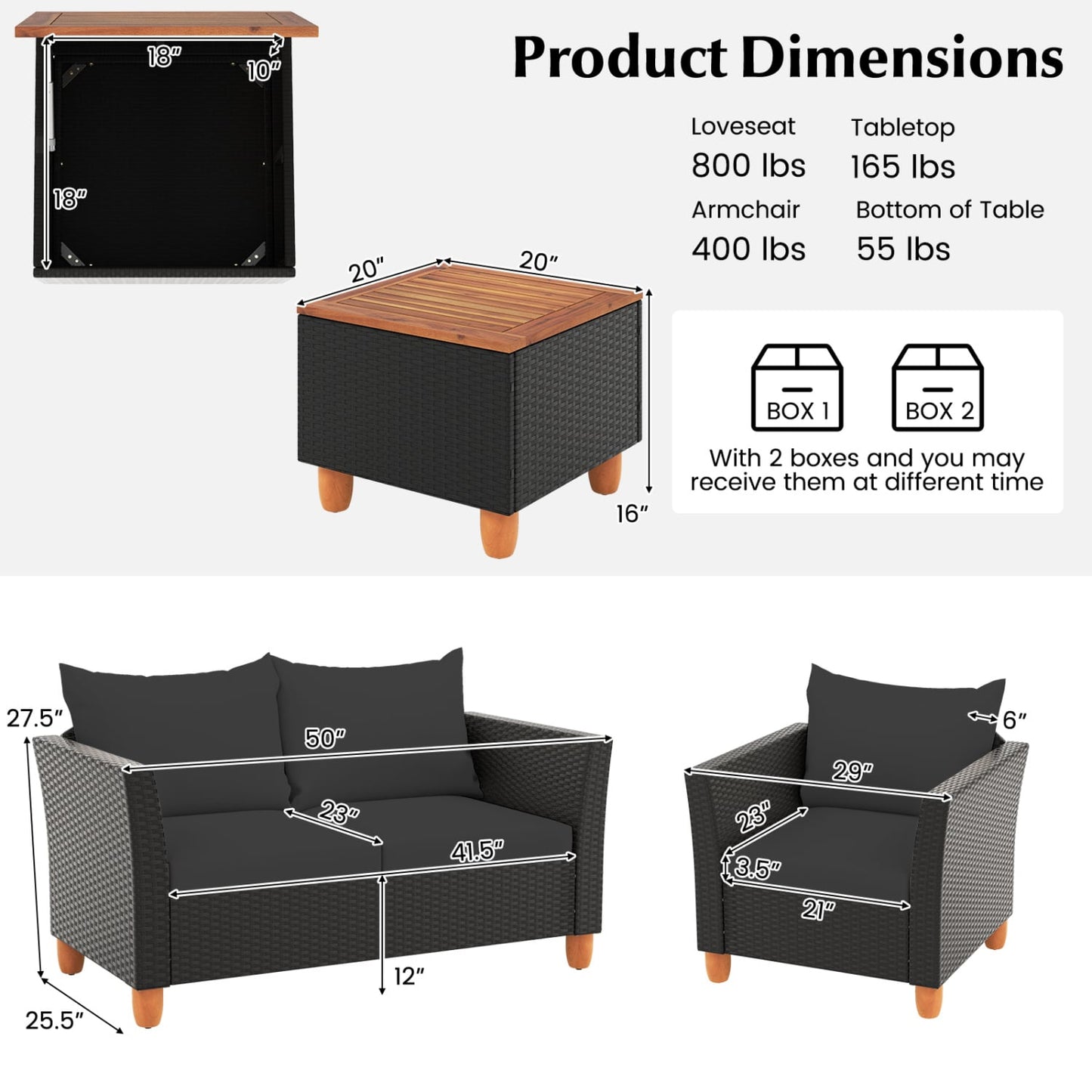 Ensemble de conversation extérieur avec table de rangement, 8 pièces, noir