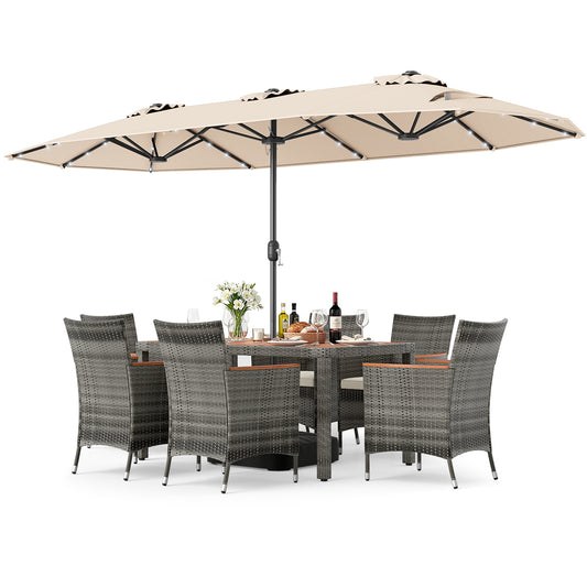 Outdoor Wicker Dining Set, 8 Piece, 13.5 FT Patio Umbrella, Beige