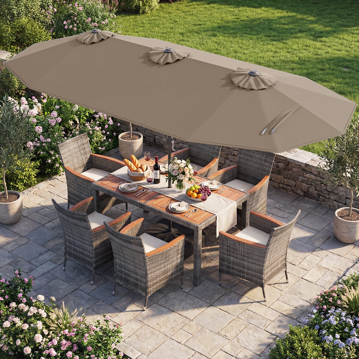 8 Piece Outdoor Wicker Dining Set, 13.5 FT Double Sided Patio Umbrella, Brown Patio Furniture Sets at Gallery Canada