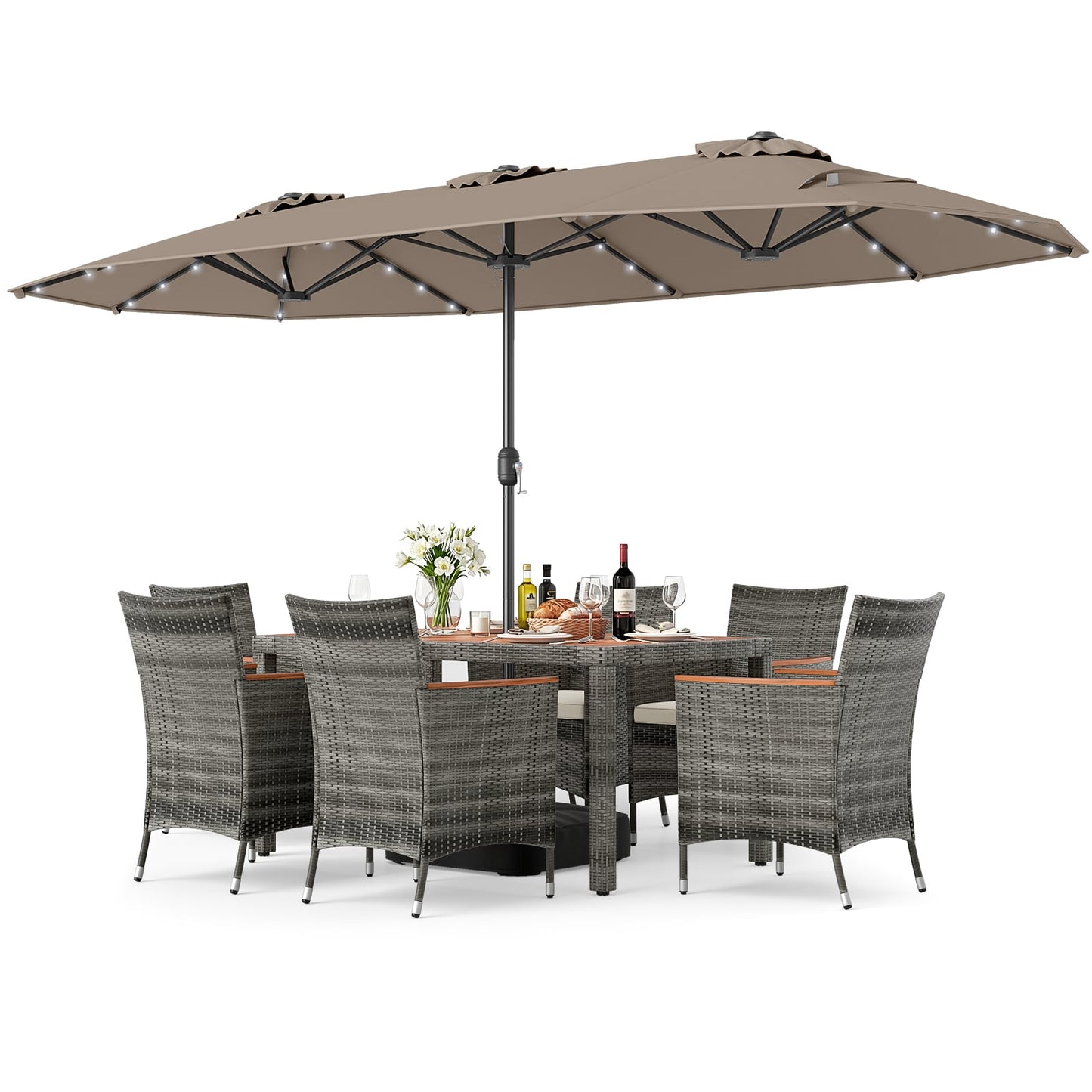 8 Piece Outdoor Wicker Dining Set, 13.5 FT Double Sided Patio Umbrella, Brown Patio Furniture Sets Brown at Gallery Canada