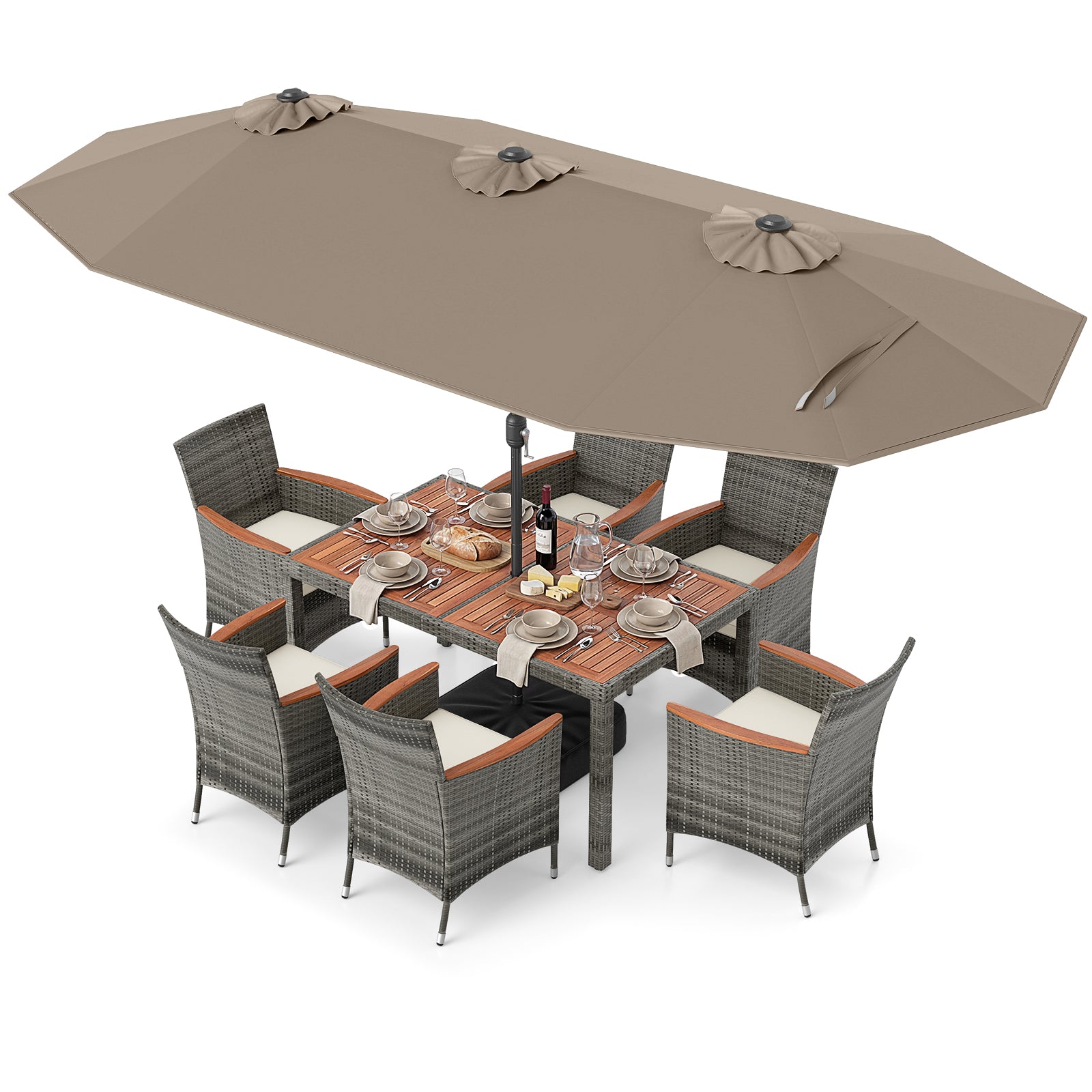 8 Piece Outdoor Wicker Dining Set, 13.5 FT Double Sided Patio Umbrella, Brown Patio Furniture Sets at Gallery Canada