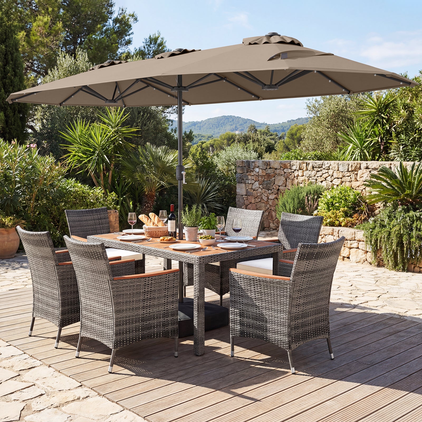 8 Piece Outdoor Wicker Dining Set, 13.5 FT Double Sided Patio Umbrella, Brown Patio Furniture Sets at Gallery Canada