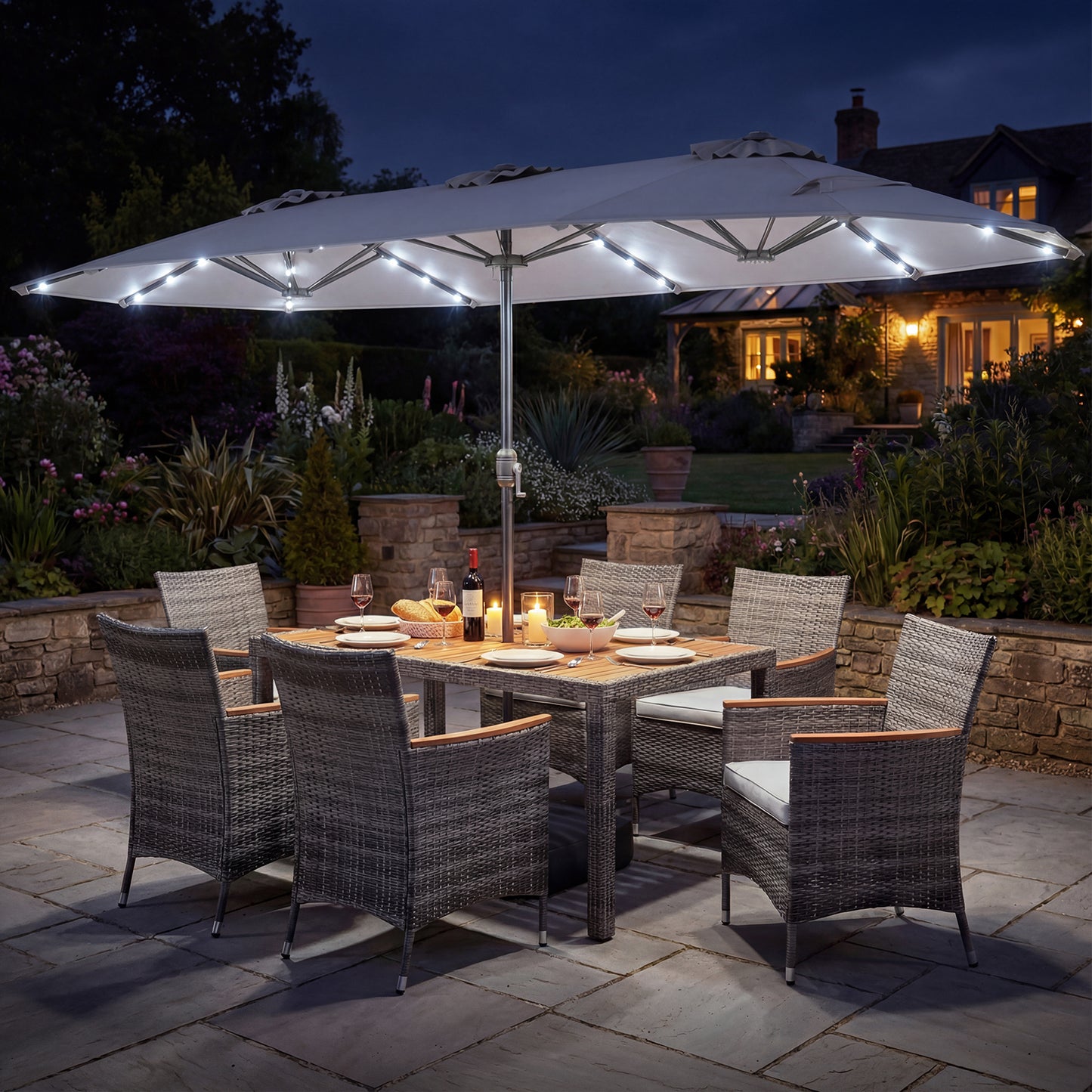 8 Piece Outdoor Wicker Dining Set, 13.5 FT Double-Sided Patio Umbrella, Gray Patio Furniture Sets at Gallery Canada