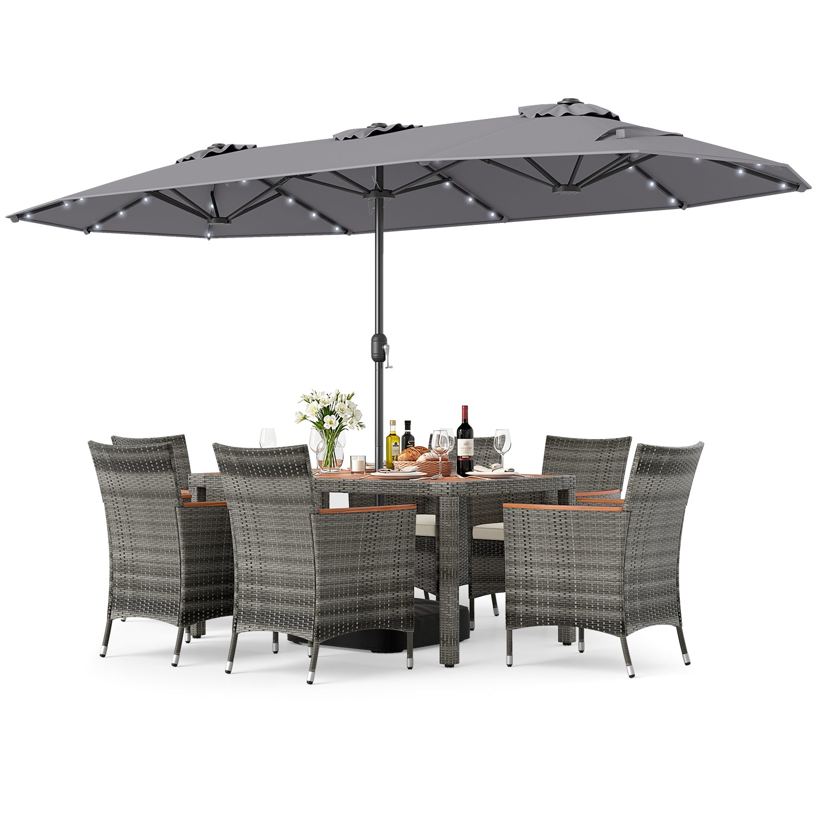 8 Piece Outdoor Wicker Dining Set, 13.5 FT Double-Sided Patio Umbrella, Gray Patio Furniture Sets at Gallery Canada