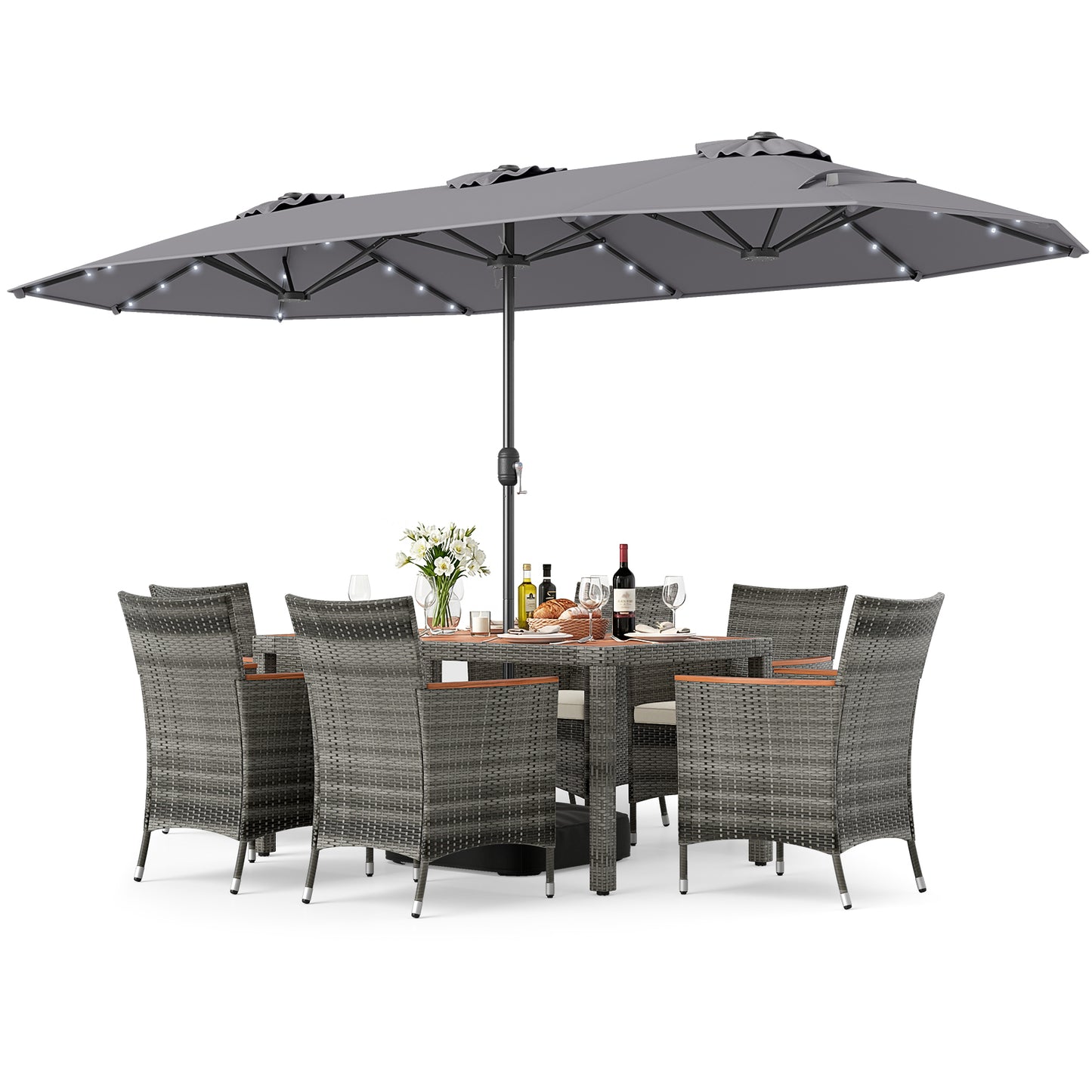 8 Piece Outdoor Wicker Dining Set, 13.5 FT Double-Sided Patio Umbrella, Gray Patio Furniture Sets at Gallery Canada