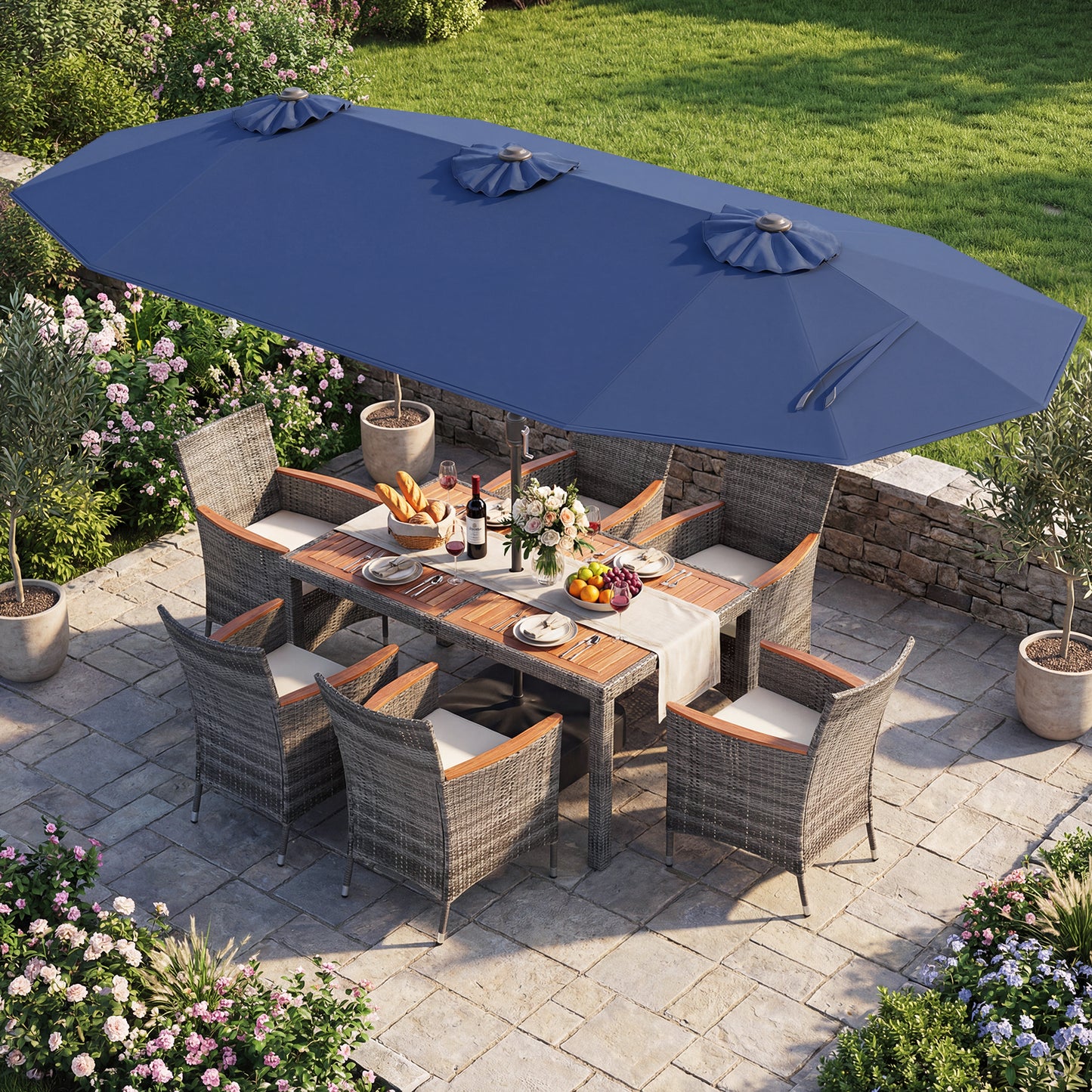 8 Piece Outdoor Wicker Dining Set, 13.5 FT Double-Sided Patio Umbrella, Navy Patio Furniture Sets at Gallery Canada