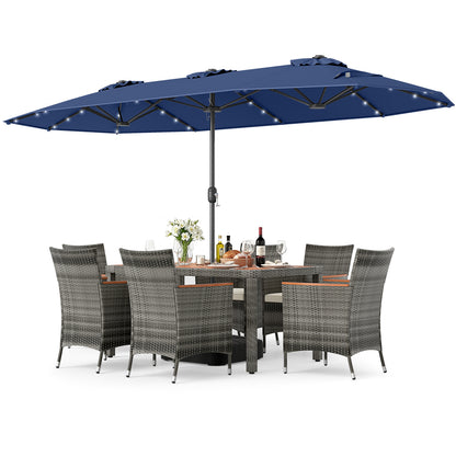 8 Piece Outdoor Wicker Dining Set, 13.5 FT Double-Sided Patio Umbrella, Navy Patio Furniture Sets at Gallery Canada