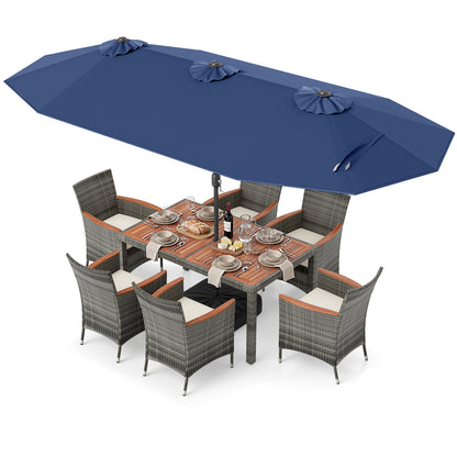 8 Piece Outdoor Wicker Dining Set, 13.5 FT Double-Sided Patio Umbrella, Navy Patio Furniture Sets at Gallery Canada