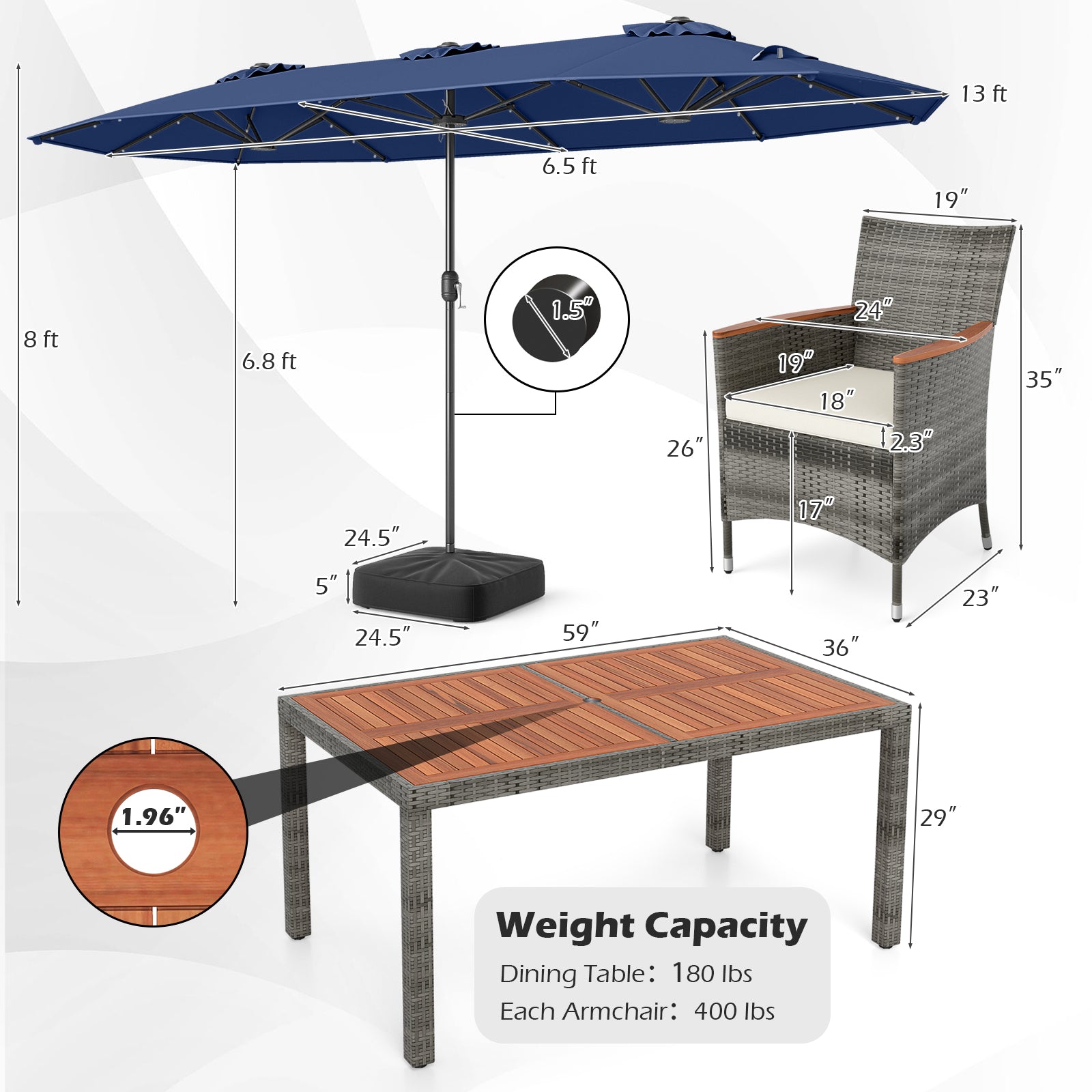 8 Piece Outdoor Wicker Dining Set, 13.5 FT Double-Sided Patio Umbrella, Navy Patio Furniture Sets at Gallery Canada