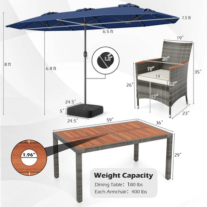 8 Piece Outdoor Wicker Dining Set, 13.5 FT Double-Sided Patio Umbrella, Navy Patio Furniture Sets at Gallery Canada