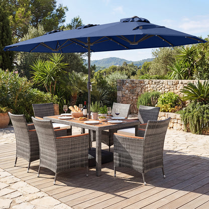 8 Piece Outdoor Wicker Dining Set, 13.5 FT Double-Sided Patio Umbrella, Navy Patio Furniture Sets at Gallery Canada