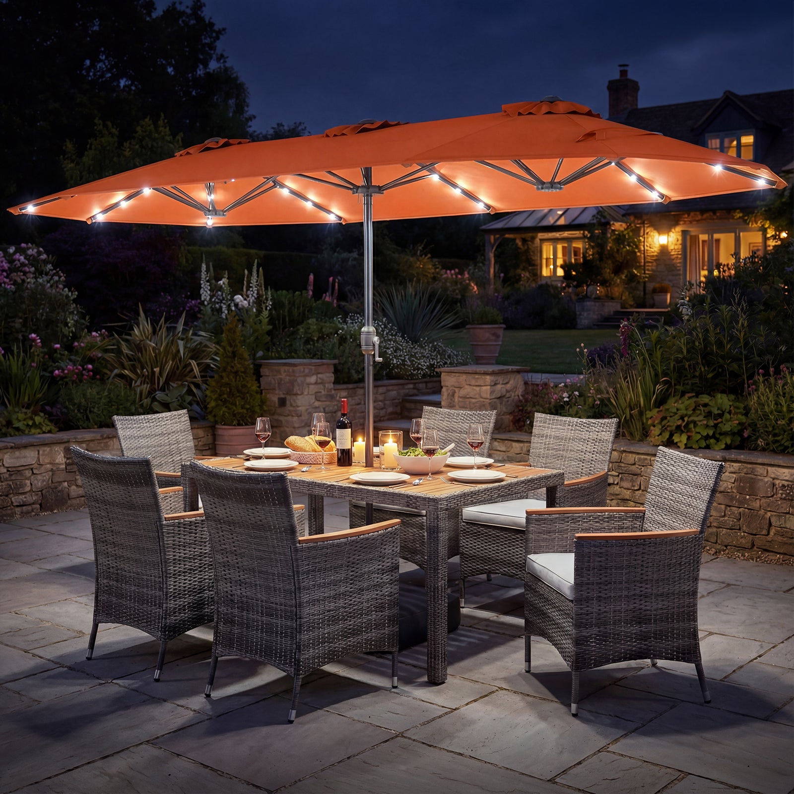 8 Piece Outdoor Wicker Dining Set, 13.5 FT Double-Sided Patio Umbrella, Orange Patio Furniture Sets at Gallery Canada