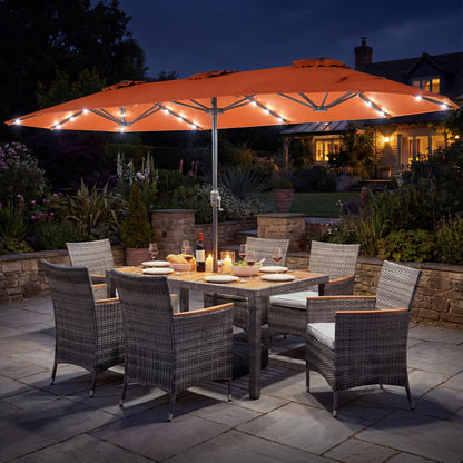 8 Piece Outdoor Wicker Dining Set, 13.5 FT Double-Sided Patio Umbrella, Orange Patio Furniture Sets at Gallery Canada