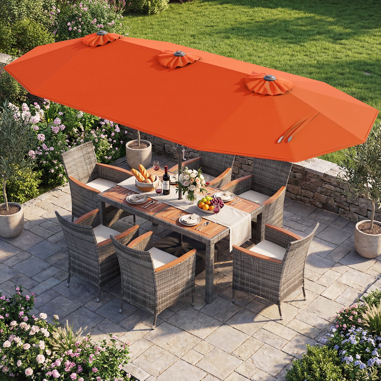 8 Piece Outdoor Wicker Dining Set, 13.5 FT Double-Sided Patio Umbrella, Orange Patio Furniture Sets at Gallery Canada