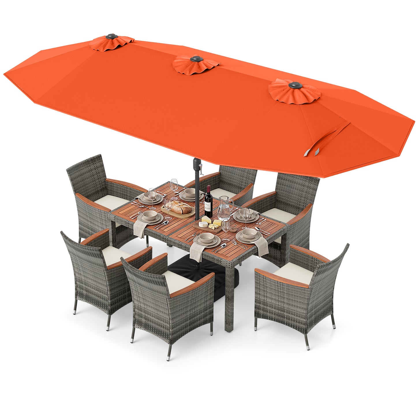 8 Piece Outdoor Wicker Dining Set, 13.5 FT Double-Sided Patio Umbrella, Orange Patio Furniture Sets at Gallery Canada