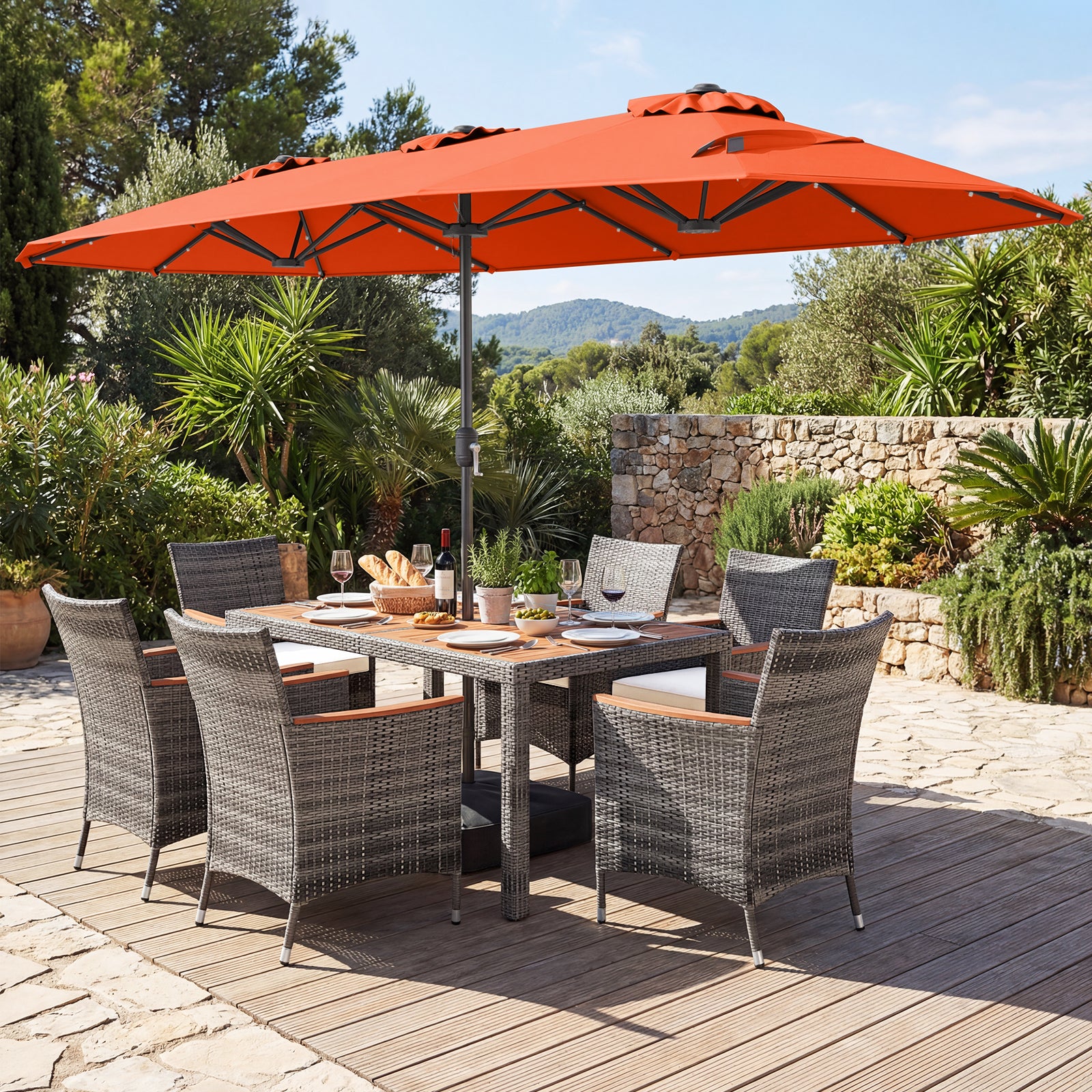 8 Piece Outdoor Wicker Dining Set, 13.5 FT Double-Sided Patio Umbrella, Orange Patio Furniture Sets at Gallery Canada