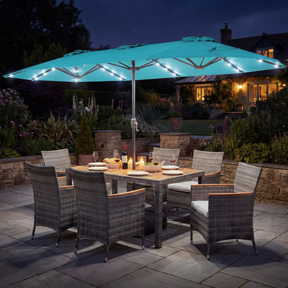 8 Piece Wicker Dining Set, 13.5 FT Patio Umbrella, Turquoise Patio Furniture Sets at Gallery Canada