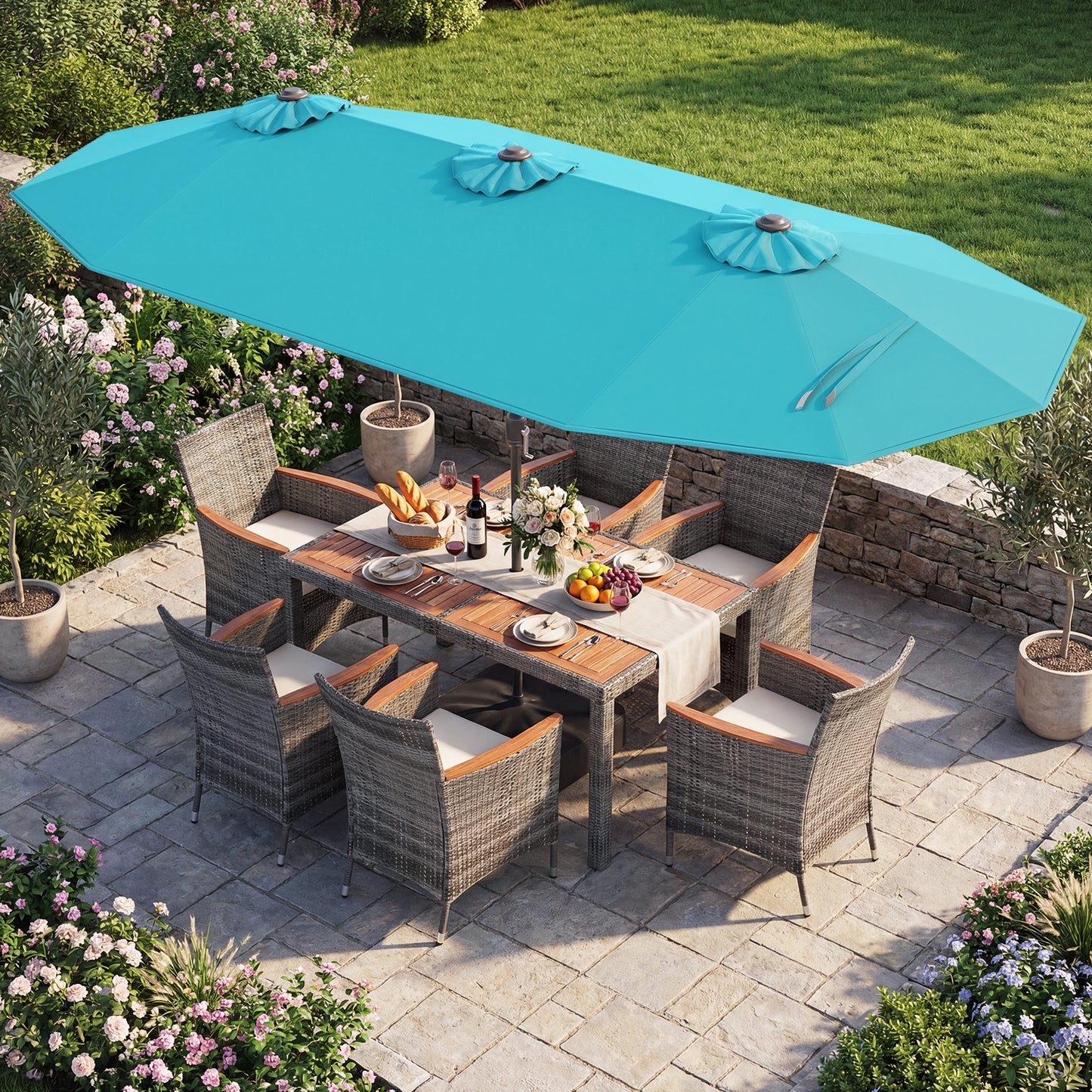 8 Piece Wicker Dining Set, 13.5 FT Patio Umbrella, Turquoise Patio Furniture Sets at Gallery Canada