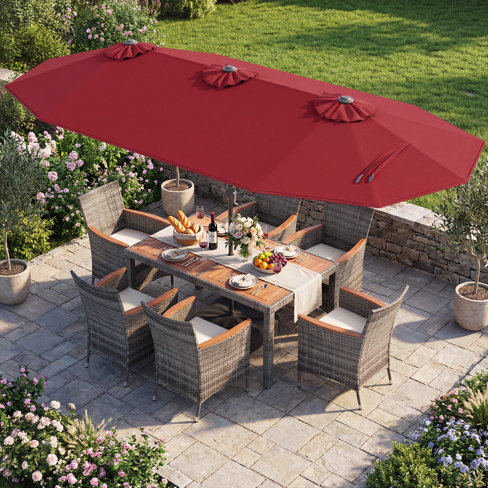 8 Piece Wicker Dining Set, 13.5 FT Double-Sided Patio Umbrella, Red Patio Furniture Sets at Gallery Canada