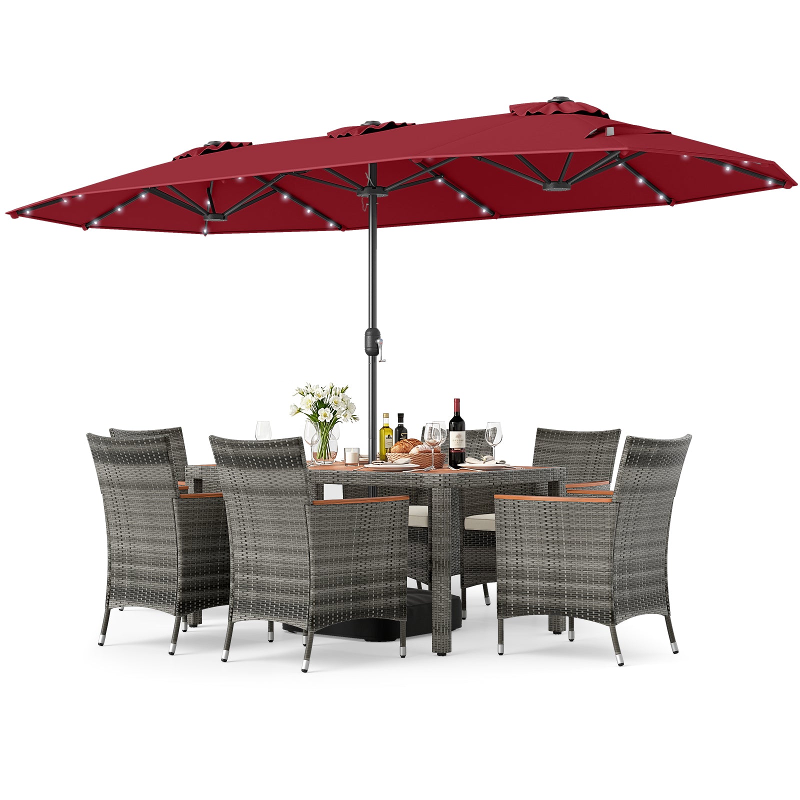 8 Piece Wicker Dining Set, 13.5 FT Double-Sided Patio Umbrella, Red Patio Furniture Sets Red at Gallery Canada