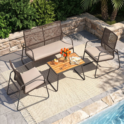 8-Piece Patio Set, Acacia Coffee Table, Cushions, Beige
