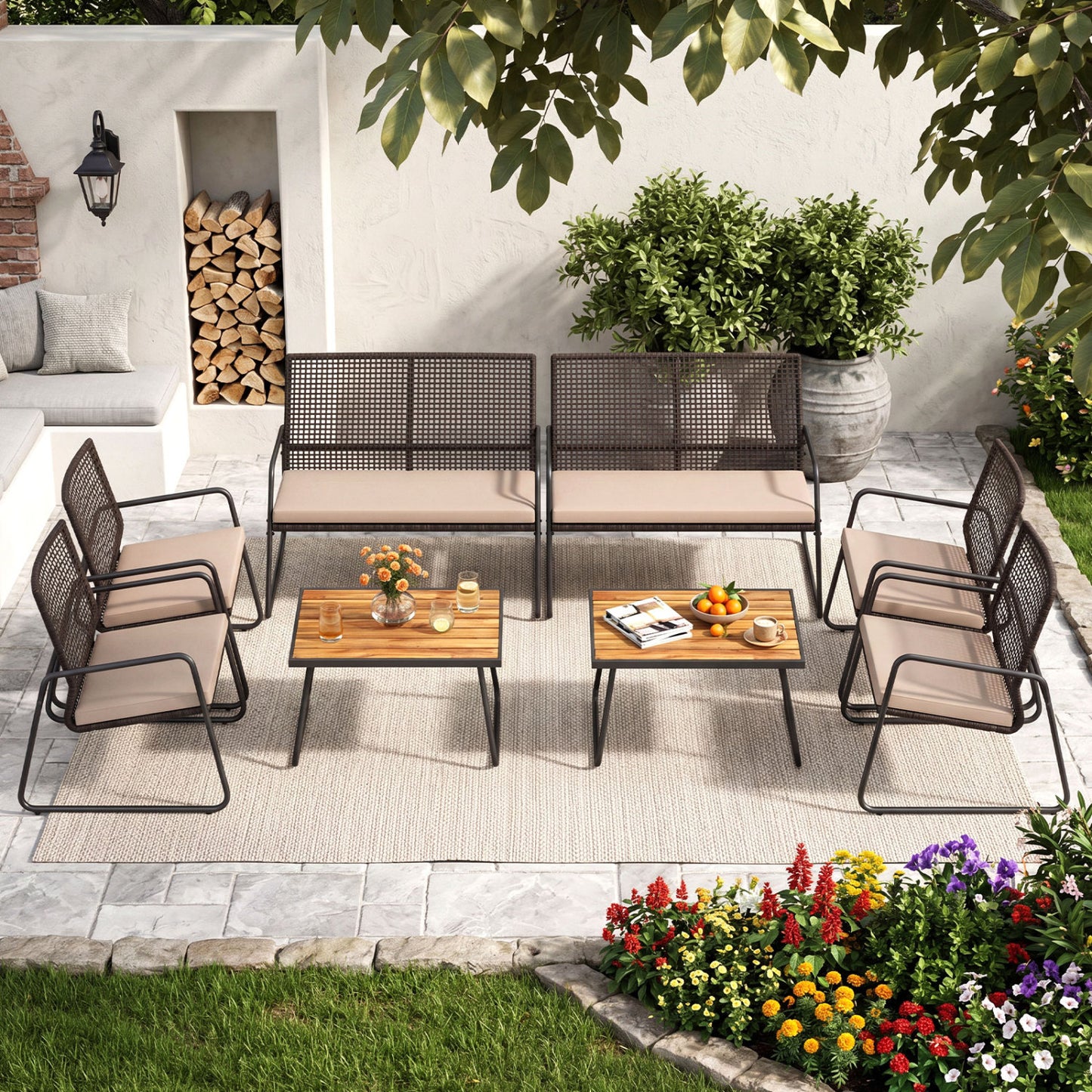 8-Piece Patio Set, Acacia Coffee Table, Cushions, Beige