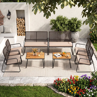 8-Piece Patio Set, Acacia Coffee Table, Cushions, Beige