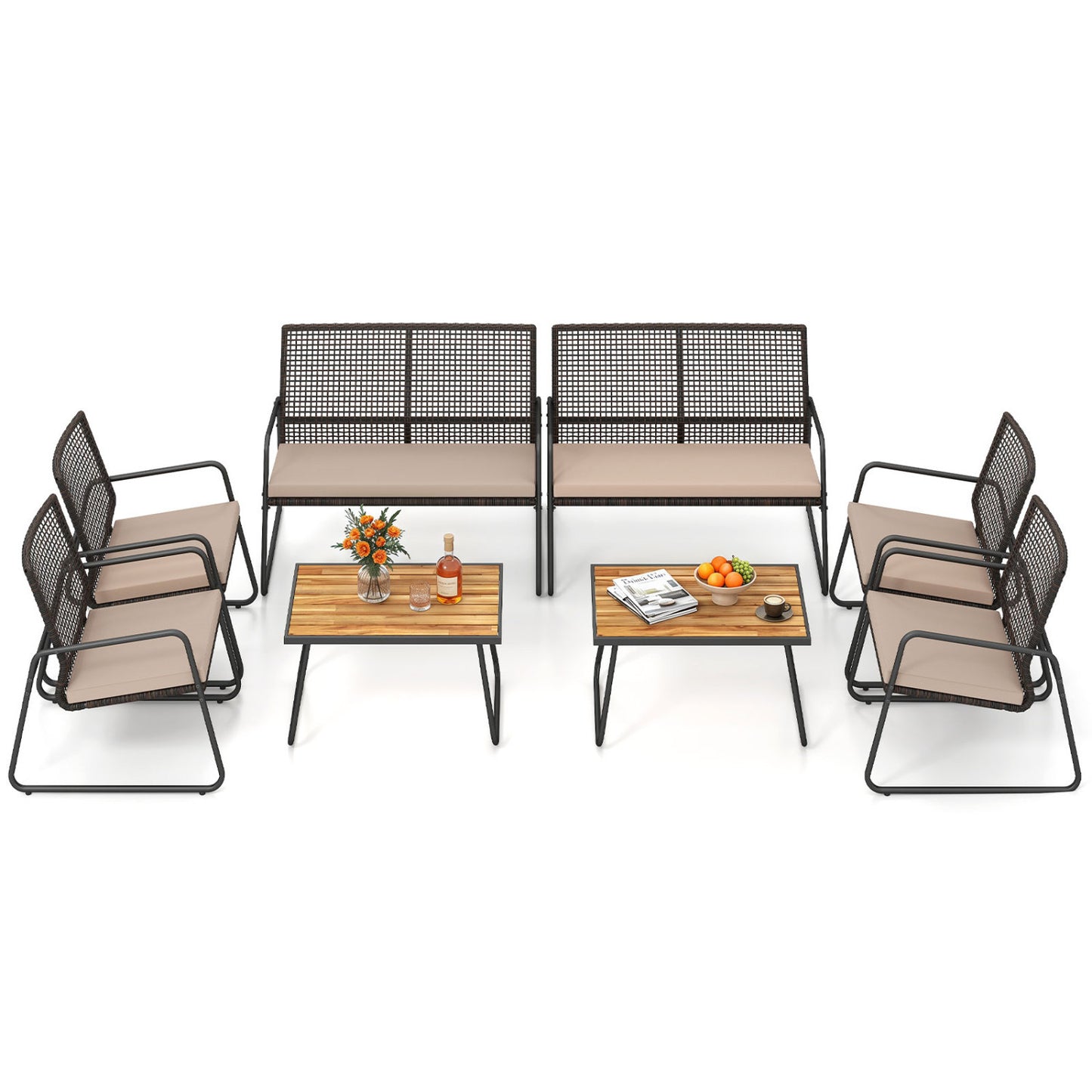 8-Piece Patio Set, Acacia Coffee Table, Cushions, Beige