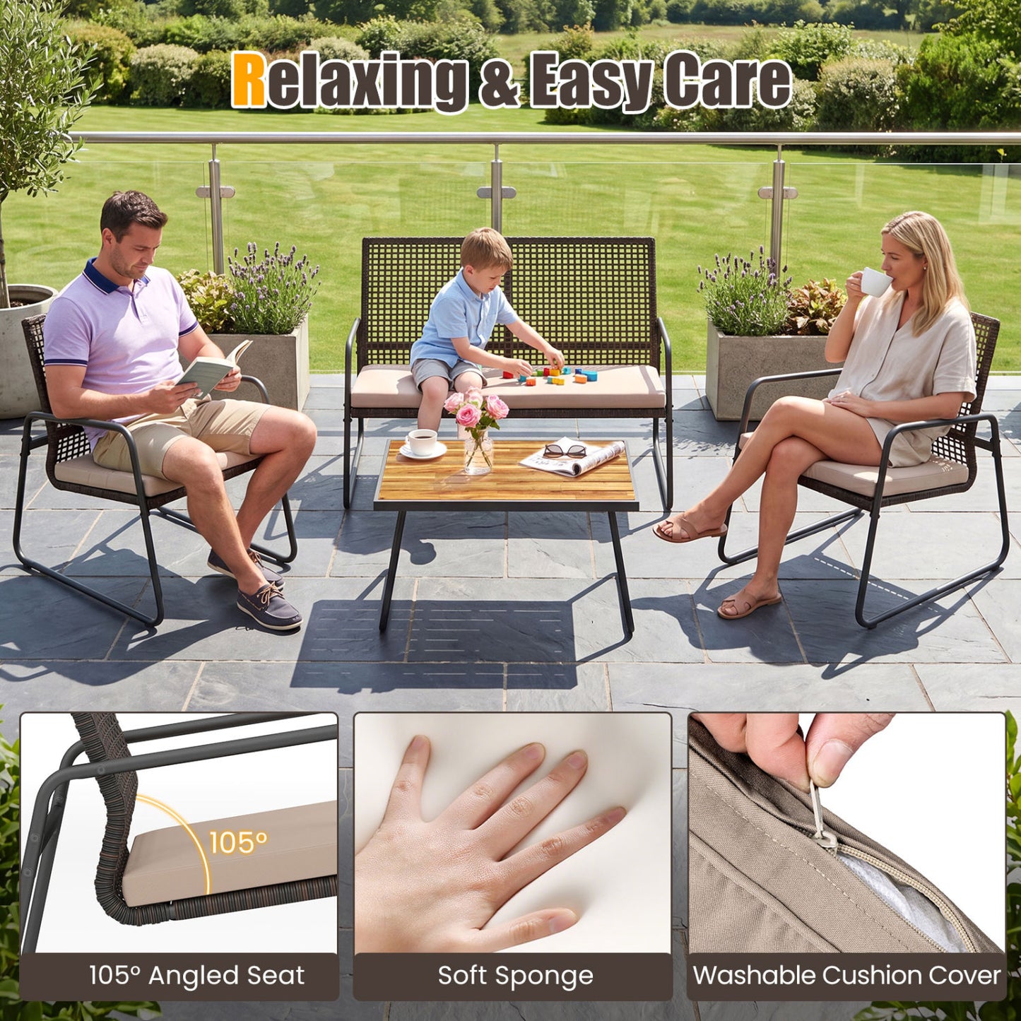 8-Piece Patio Set, Acacia Coffee Table, Cushions, Beige