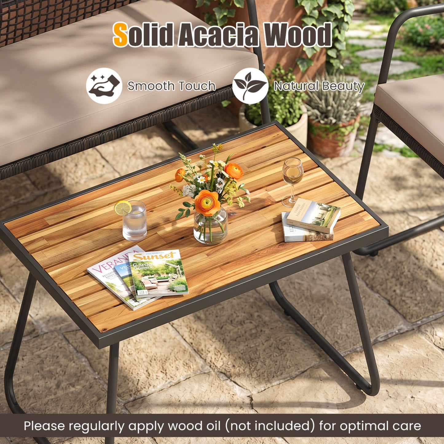 8-Piece Patio Set, Acacia Coffee Table, Cushions, Beige