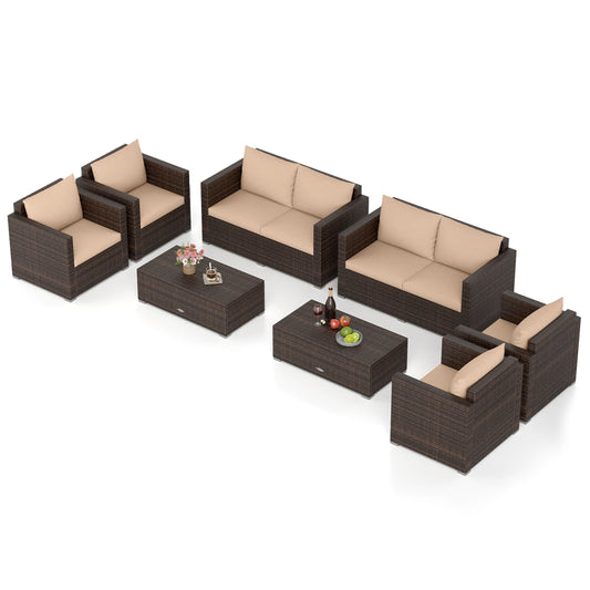 8 Piece Patio Rattan Conversation Set, Padded Cushions, Brown Patio Conversation Sets Brown at Gallery Canada
