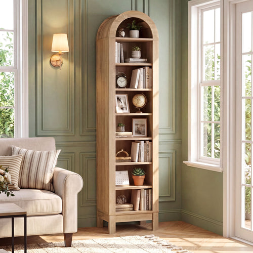 8-Tier Arch Bookshelf, 3 Adjustable Shelves, Natural