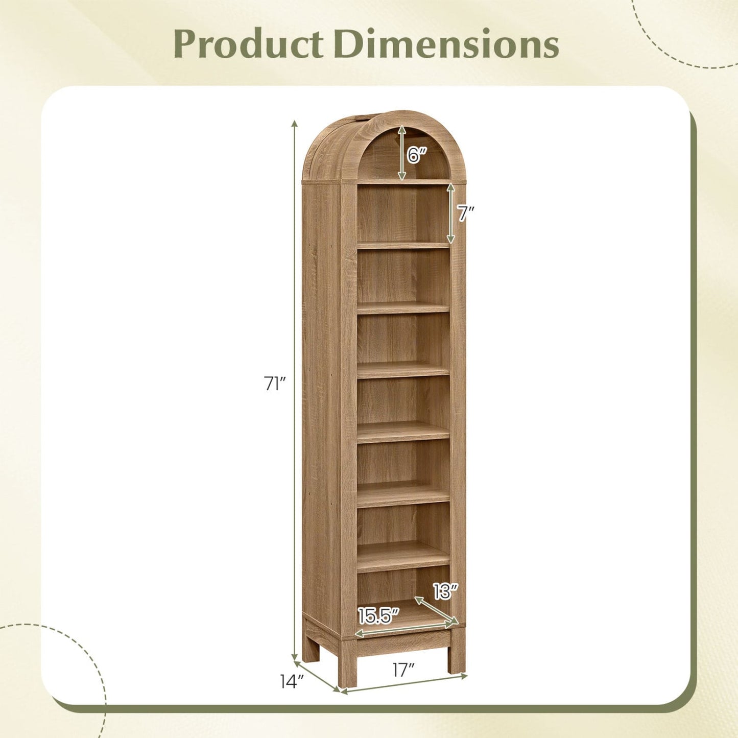 8-Tier Arch Bookshelf, 3 Adjustable Shelves, Natural Bookcases at Gallery Canada