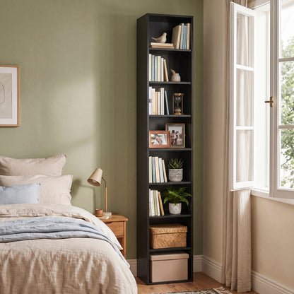 8-Tier Narrow Bookshelf, Adjustable Shelves, Storage Cubes, Black
