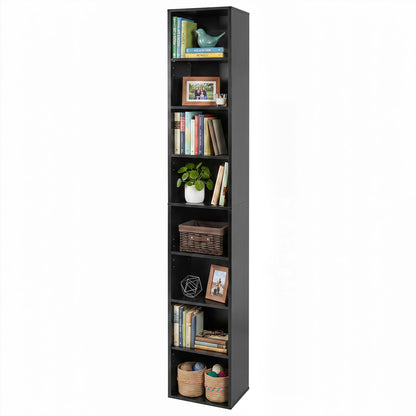 8-Tier Narrow Bookshelf, Adjustable Shelves, Storage Cubes, Black