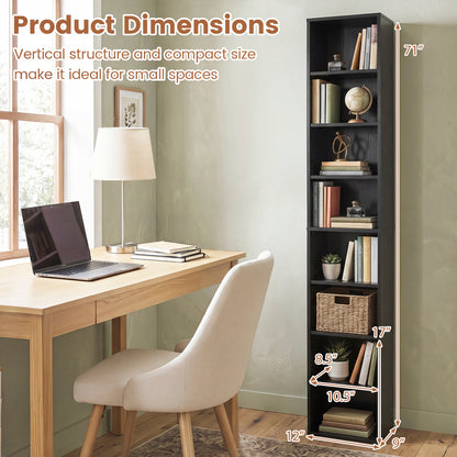 8-Tier Narrow Bookshelf, Adjustable Shelves, Storage Cubes, Black
