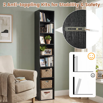 8-Tier Narrow Bookshelf, Adjustable Shelves, Storage Cubes, Black